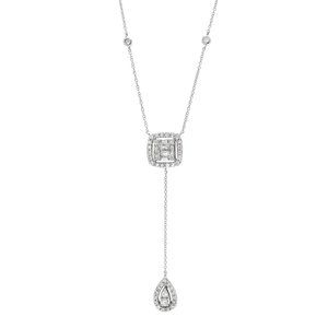 Baguette & Round Cut Diamond Lariat Pendant Necklace 14K White Gold 16 inches